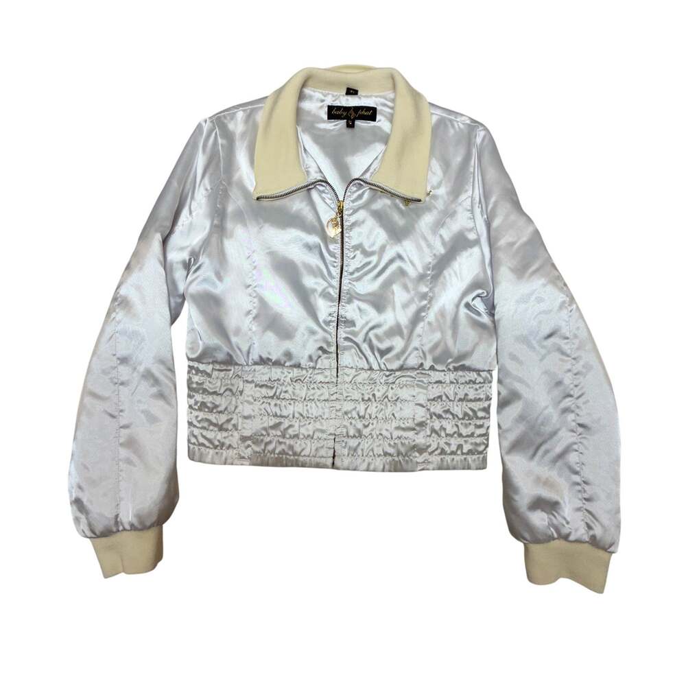 Vintage Baby Phat Bomber Jacket XL Silver Womens Satin Cropped Ruched Y2K 2000s